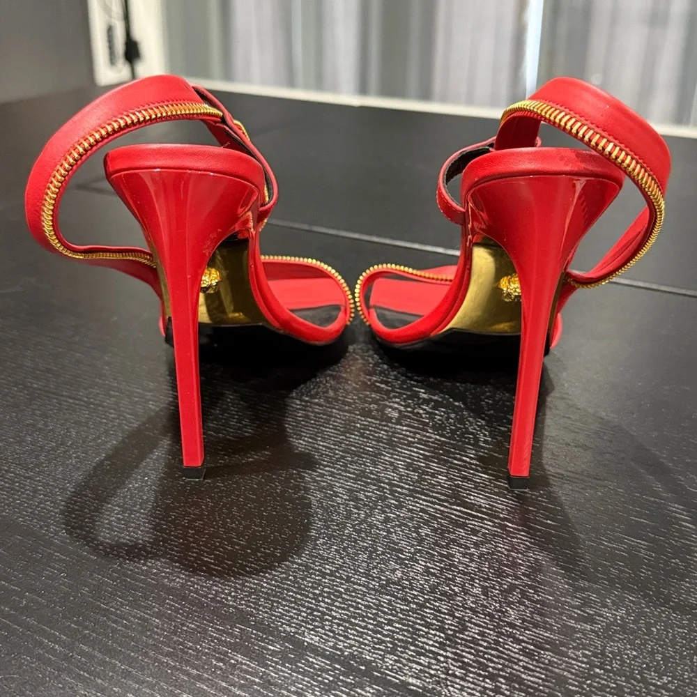 Versace Red Leather Zip Detail Heels | Size 38 | Gold Hardware - Picture 9 of 13